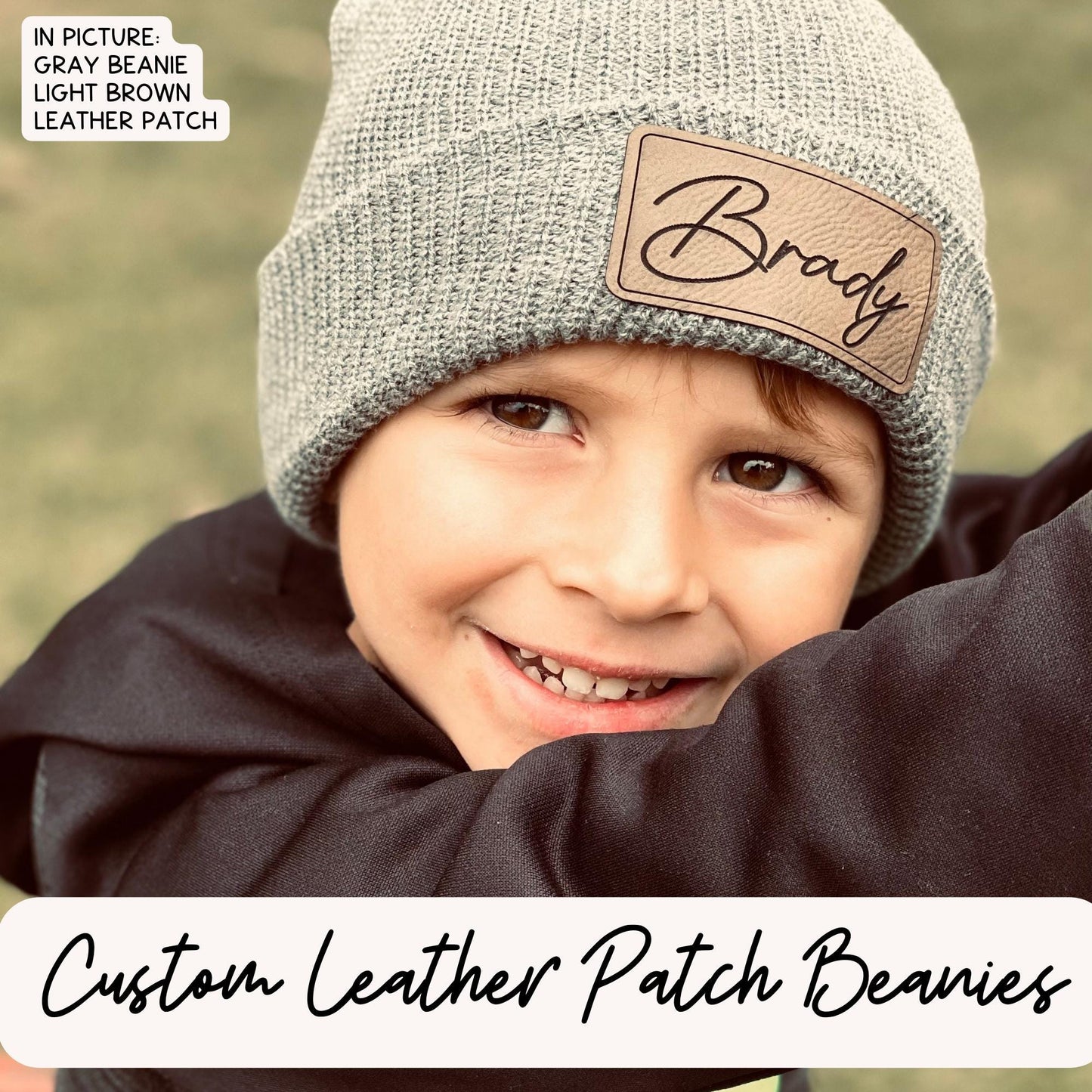 Gray beanie with light brown leatherette.