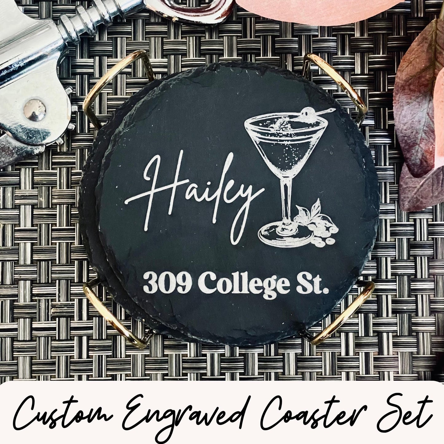 custom engraved slate coasters| coaster set with holder| new roommate gifts| housewarming coaster set of 6| college roommate birthday