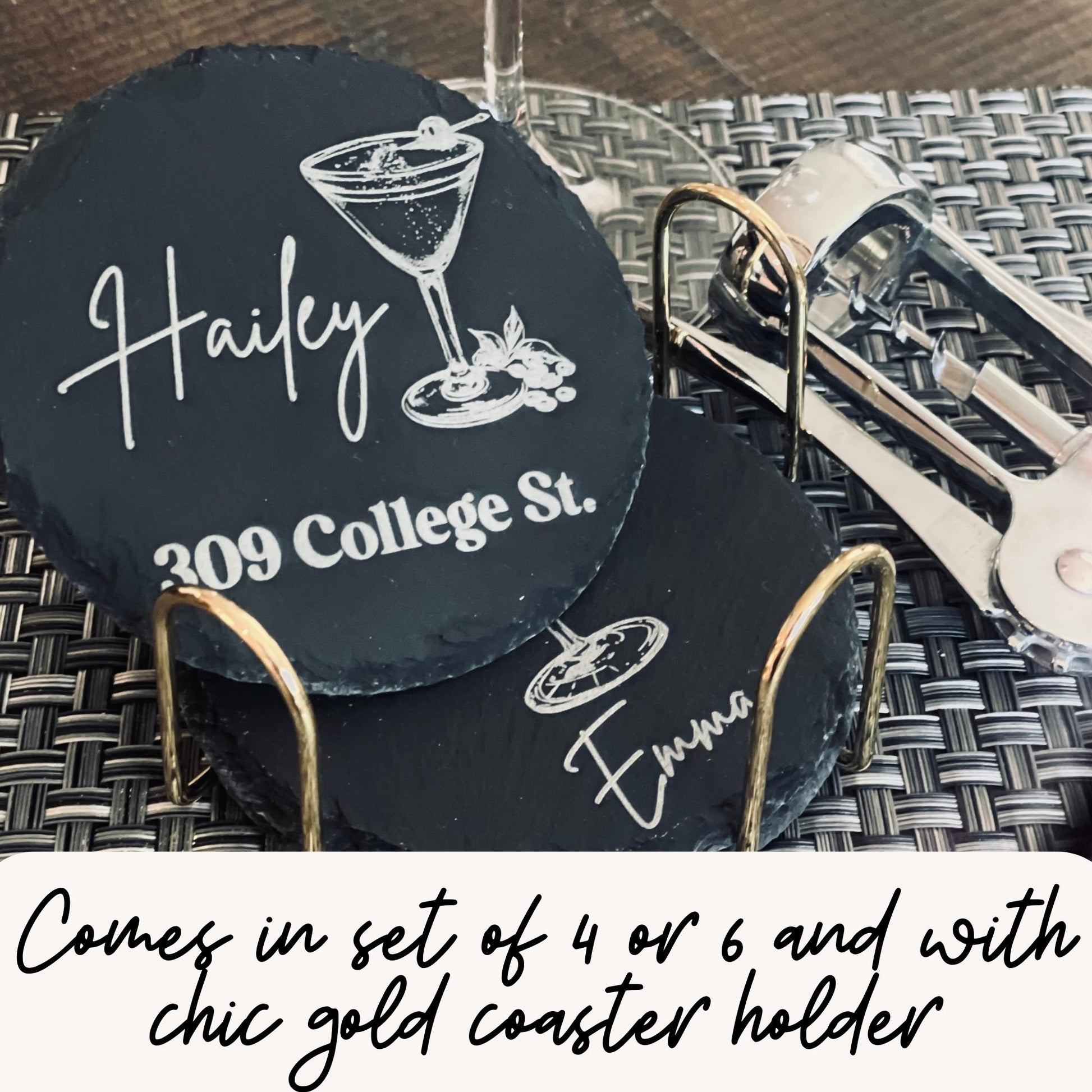 custom engraved slate coasters| coaster set with holder| new roommate gifts| housewarming coaster set of 6| college roommate birthday