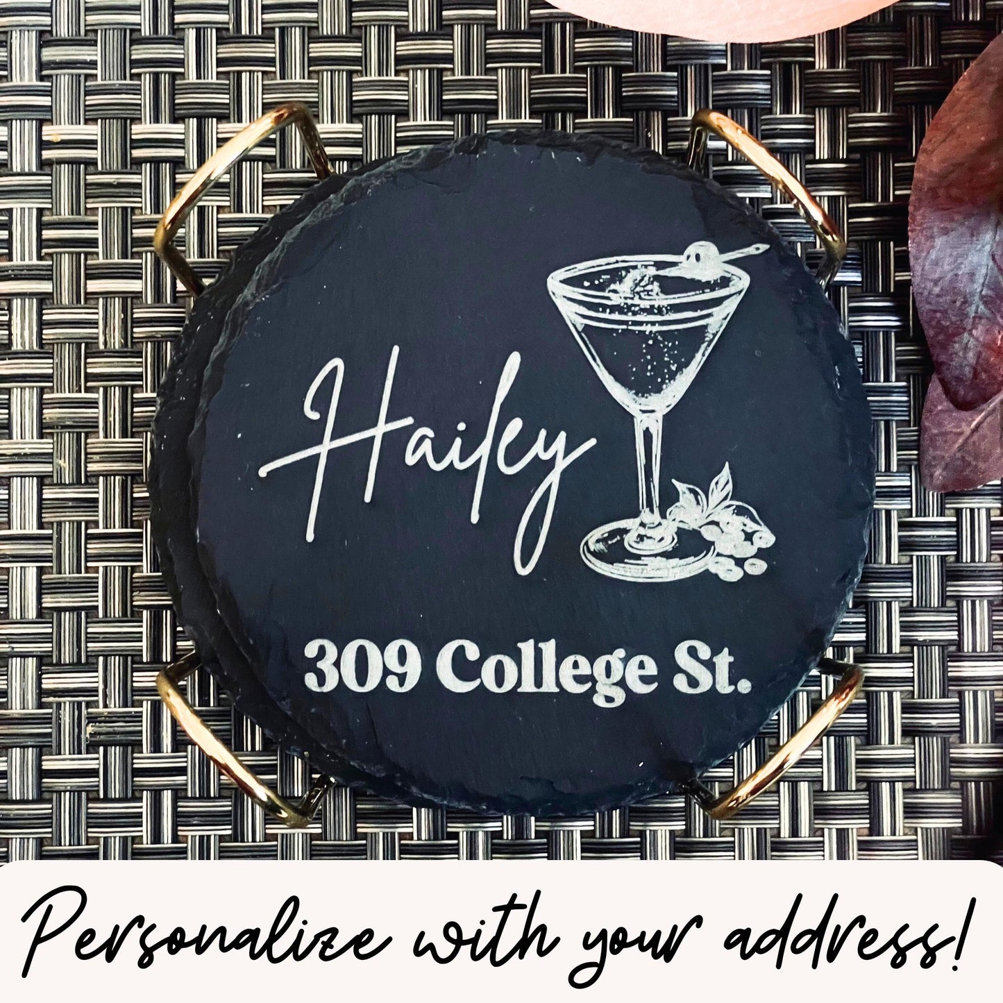 custom engraved slate coasters| coaster set with holder| new roommate gifts| housewarming coaster set of 6| college roommate birthday